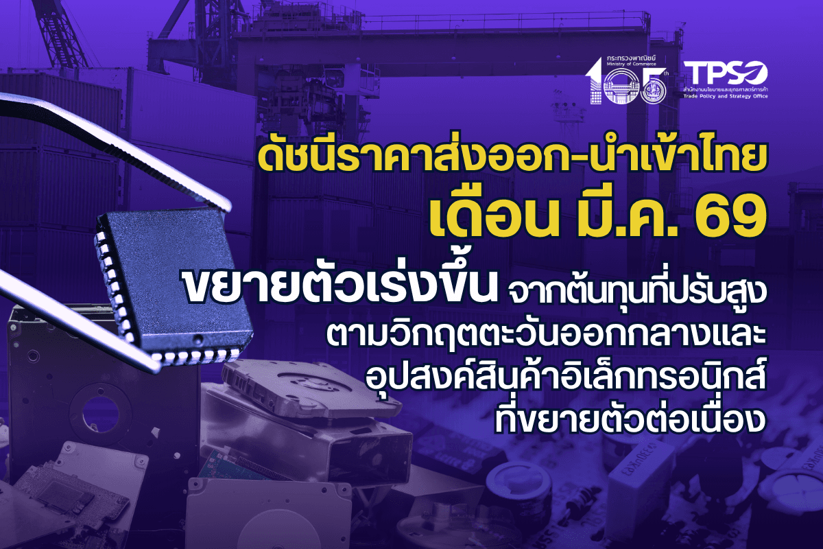 <p><strong>ดาวน์โหลดข้อมูลฉบับเต็ม:&nbsp;</strong><a href="https://uploads.tpso.go.th/editor/pdf/1778232940_bd11eb7c08883aeaaacc.pdf" target="_blank">1778232940_bd11eb7c08883aeaaacc.pdf</a></p>

<p>&nbsp; &nbsp; &nbsp; &nbsp; &nbsp; นายนันทพงษ์ จิระเลิศพงษ์ ผู้อำนวยการสำนักงานนโยบายและยุทธศาสตร์การค้า (ผอ.สนค.) เผยว่า <strong>ดัชนีราคาส่งออก และดัชนีราคานำเข้าของไทย เดือนมีนาคม 2569 เมื่อเทียบกับเดือนเดียวกันของปีก่อนขยายตัวต่อเนื่อง จากการที่สงครามในภูมิภาคตะวันออกกลางกระตุ้นให้ต้นทุนด้านพลังงาน การขนส่ง และวัตถุดิบปรับเพิ่มสูง ประกอบกับความต้องการสินค้าอิเล็กทรอนิกส์ และสินค้าที่เกี่ยวข้องกับปัญญาประดิษฐ์ (AI) ยังขยายตัว</strong> อย่างไรก็ตาม ความไม่แน่นอนของสถานการณ์เศรษฐกิจและการค้าโลก ความขัดแย้งทางภูมิรัฐศาสตร์ในหลายภูมิภาค การเปลี่ยนแปลงสภาพภูมิอากาศ นโยบายกีดกันทางการค้า การแข่งขันด้านราคาที่รุนแรง และความผันผวนของค่าเงินบาท อาจเป็นปัจจัยเสี่ยงต่อการขยายตัวทางด้านราคาของไทยในระยะข้างหน้า โดยมีรายละเอียด ดังนี้&nbsp;</p>

<p>&nbsp; &nbsp; &nbsp; &nbsp; &nbsp; <strong>ดัชนีราคาส่งออก เดือนมีนาคม 2569 เท่ากับ 114.4 เมื่อเทียบกับเดือนเดียวกันของปีก่อน ขยายตัวต่อเนื่องร้อยละ 3.1 (YoY) ปัจจัยหลักยังคงเป็นผลจากหมวดสินค้าอุตสาหกรรมซึ่งเป็นแรงขับเคลื่อนสำคัญ โดยเฉพาะสินค้าอิเล็กทรอนิกส์และชิ้นส่วน ที่ฟื้นตัวตามวัฏจักรของอุตสาหกรรมเทคโนโลยีโลก และสินค้าเชื้อเพลิงที่พุ่งสูงขึ้นจากวิกฤตการณ์ทางภูมิรัฐศาสตร์ในภูมิภาคตะวันออกกลาง รวมถึงสินค้าเกษตรและอาหารบางกลุ่ม ที่ยังคงมีบทบาทสนับสนุนการส่งออกอย่างต่อเนื่อง ส่งผลให้ดัชนีราคาส่งออกปรับสูงขึ้นทุกหมวดสินค้า ประกอบด้วย หมวดสินค้าแร่และเชื้อเพลิง กลับมาขยายตัวเป็นบวกและสูงสุดในรอบ 41 เดือน ที่ร้อยละ 26.8</strong> โดยเฉพาะน้ำมันดิบ และน้ำมันสำเร็จรูป ตามทิศทางราคาน้ำมันดิบตลาดโลกที่ปรับตัวสูงขึ้น จากผลกระทบความขัดแย้งในภูมิภาคตะวันออกกลาง <strong>หมวดสินค้าอุตสาหกรรม สูงขึ้นร้อยละ 2.7</strong> ได้แก่ ทองคำ เครื่องคอมพิวเตอร์ อุปกรณ์และส่วนประกอบ และเครื่องปรับอากาศและส่วนประกอบ ตามความต้องการของประเทศคู่ค้าที่มีอย่างต่อเนื่อง <strong>หมวดสินค้าเกษตรกรรม สูงขึ้นร้อยละ 2.6</strong> &nbsp;ได้แก่ ผลิตภัณฑ์มันสำปะหลัง ไก่สดแช่เย็น แช่แข็งและแปรรูป และผลไม้สดแช่เย็น แช่แข็งและแห้ง ตามความต้องการของตลาดหลักเพื่อใช้ในการอุปโภคบริโภค และ<strong>หมวดสินค้าอุตสาหกรรมการเกษตร สูงขึ้นร้อยละ 0.1</strong> ได้แก่ อาหารสัตว์เลี้ยง ไขมันและน้ำมันจากพืชและสัตว์ และอาหารทะเลกระป๋อง ตามต้นทุนวัตถุดิบที่ปรับสูงขึ้น</p>

<p>&nbsp; &nbsp; &nbsp; &nbsp; &nbsp; ดั<strong>ชนีราคานำเข้า เดือนมีนาคม 2569 เท่ากับ 126.0 เมื่อเทียบกับเดือนเดียวกันของปีก่อน ขยายตัวเร่งขึ้นร้อยละ 10.2 (YoY) และสูงสุดในรอบ 42 เดือน โดยได้รับผลกระทบจากต้นทุนพลังงานโลกที่ปรับสูงขึ้น ประกอบกับความต้องการวัตถุดิบในภาคการผลิตที่เพิ่มขึ้นต่อเนื่อง ส่งผลให้ดัชนีราคานำเข้าปรับสูงขึ้นทุกหมวดสินค้า ประกอบด้วย หมวดสินค้าเชื้อเพลิง กลับมาขยายตัวเป็นบวกและสูงสุดในรอบ 38 เดือน ที่ร้อยละ 27.3</strong> จากราคาน้ำมันดิบเป็นสำคัญ โดยมีสาเหตุจากวิกฤตการณ์ทางภูมิรัฐศาสตร์ในภูมิภาคตะวันออกกลางที่ทวีความรุนแรง ทำให้เกิดการหยุดชะงักของอุปทานพลังงานโลก โดยเฉพาะผลกระทบจากการปิดช่องแคบฮอร์มุซ ทำให้ราคาน้ำมันดิบตลาดโลกสูงขึ้น <strong>หมวดสินค้าวัตถุดิบและกึ่งสำเร็จรูป สูงขึ้นร้อยละ 10.9</strong> ได้แก่ ทองคำ อุปกรณ์ ส่วนประกอบเครื่องใช้ไฟฟ้าและอิเล็กทรอนิกส์ สินแร่โลหะอื่น ๆ เศษโลหะและผลิตภัณฑ์ และปุ๋ย ตามความต้องการใช้ในภาคการผลิตสินค้าอุตสาหกรรมและการเกษตร สำหรับด้านการบริโภคภายในประเทศและการลงทุนยังขยายตัวดี สะท้อนจาก<strong>หมวดสินค้าอุปโภคบริโภค สูงขึ้นร้อยละ 6.1</strong> ได้แก่ เครื่องใช้ไฟฟ้าในบ้าน ผลิตภัณฑ์เวชกรรมและเภสัชกรรม และเสื้อผ้า รองเท้า และผลิตภัณฑ์สิ่งทออื่น ๆ <strong>หมวดสินค้าทุน สูงขึ้นร้อยละ 4.1</strong> ได้แก่ เครื่องจักรไฟฟ้าและส่วนประกอบ เครื่องคอมพิวเตอร์ อุปกรณ์และส่วนประกอบ และเครื่องมือ เครื่องใช้ทางวิทยาศาสตร์ การแพทย์ การทดสอบ และ<strong>หมวดยานพาหนะและอุปกรณ์การขนส่ง สูงขึ้นร้อยละ 1.8</strong> จากการสูงขึ้นของรถยนต์โดยสารและรถบรรทุก และส่วนประกอบและอุปกรณ์ยานยนต์</p>

<p>&nbsp; &nbsp; &nbsp; &nbsp; &nbsp; <strong>แนวโน้มดัชนีราคาส่งออก และดัชนีราคานำเข้า เดือนเมษายน 2569</strong> คาดว่าจะขยายตัวต่อเนื่อง โดยมีปัจจัยสนับสนุนจาก 1) ความกังวลด้านความมั่นคงอาหาร ทำให้ความต้องการสินค้าเกษตรและอาหารแปรรูปบางกลุ่มขยายตัวต่อเนื่อง 2) สินค้าอุตสาหกรรมที่เกี่ยวข้องกับอิเล็กทรอนิกส์ และเทคโนโลยีขั้นสูง ยังเป็นที่ต้องการของตลาดทั่วโลก และ 3) ต้นทุนการผลิตมีแนวโน้มปรับสูงขึ้น ตามราคาพลังงาน ค่าขนส่ง และวัตถุดิบนำเข้า ซึ่งเป็นผลจากความขัดแย้งในตะวันออกกลาง ขณะที่ปัจจัยเสี่ยงที่ควรเฝ้าระวัง ได้แก่ 1) ความขัดแย้งทางภูมิรัฐศาสตร์ที่ยืดเยื้ออาจส่งผลให้อุปสงค์ของคู่ค้าชะลอลง และมีส่วนเร่งให้ต้นทุนโลจิสติกส์และค่าระวางเรือสูงขึ้น 2) การแข่งขันด้านราคาจากประเทศคู่ค้าที่รุนแรง กดดันความสามารถในการส่งออกของผู้ประกอบการไทย 3) ความไม่แน่นอนด้านนโยบายการค้า และมาตรการภาษีของประเทศคู่ค้าสำคัญ 4) เศรษฐกิจไทยอาจเผชิญภาวะกำลังซื้อในประเทศถดถอยต่อเนื่อง 5) ปัญหาการเปลี่ยนแปลงสภาพภูมิอากาศที่รุนแรง ซึ่งจะกระทบต่อผลผลิตภาคเกษตร และ 6) ความผันผวนของค่าเงินบาท</p>
