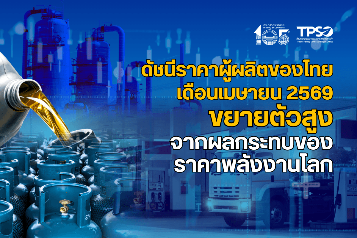 ดัชนีราคาผู้ผลิตของไทย เดือนเมษายน 2569 ขยายตัวสูงจากผลกระทบของราคาพลังงานโลก