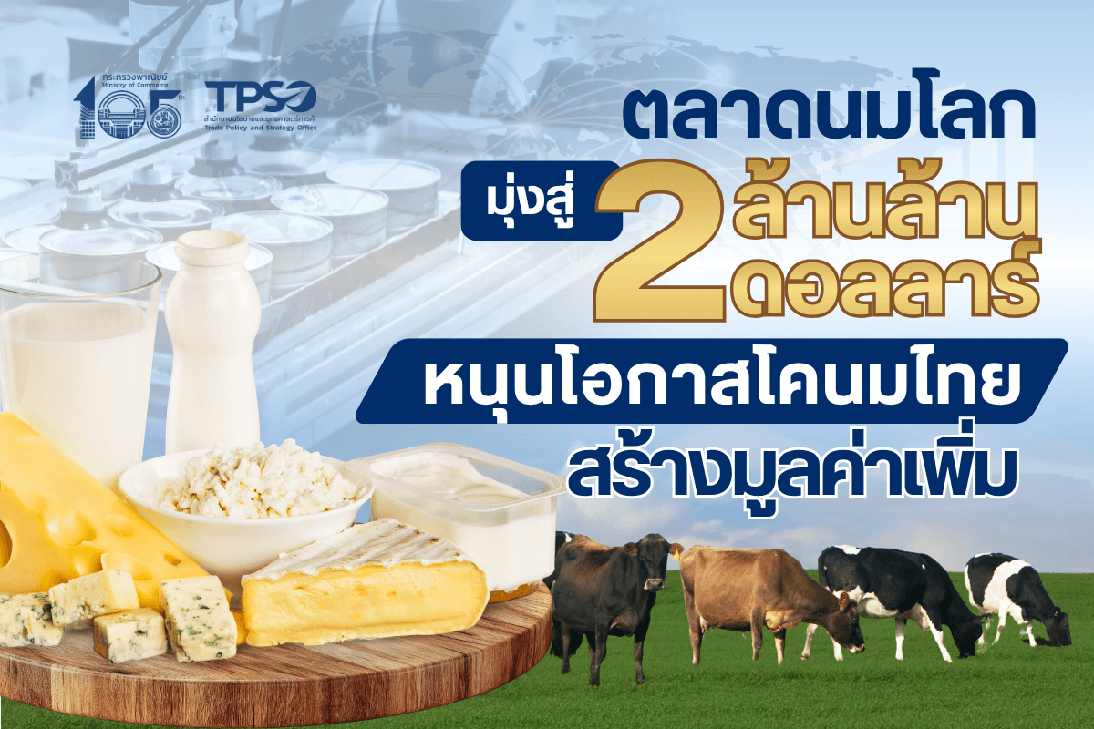 <p><strong>ดาวน์โหลดข้อมูลฉบับเต็ม:&nbsp;</strong><a href="https://uploads.tpso.go.th/editor/pdf/1780047496_08bf9901114f80369cb8.pdf" target="_blank">1780047496_08bf9901114f80369cb8.pdf</a></p>

<p>&nbsp; &nbsp; &nbsp; &nbsp; &nbsp; นายนันทพงษ์ จิระเลิศพงษ์ ผู้อำนวยการสำนักงานนโยบายและยุทธศาสตร์การค้า กระทรวงพาณิชย์ เปิดเผยว่า สินค้าอาหารจากนมทั่วโลกมีแนวโน้มเติบโตสูง และมูลค่าการส่งออกอาหารจากนมของไทยก็เติบโตอย่างต่อเนื่อง ในปี 2568 มีมูลค่าการส่งออกกว่า 21,000 ล้านบาท สินค้าที่ไทยส่งออกมาก เช่น โยเกิร์ต นมเปรี้ยว นมยูเอชที และไอศกรีม เป็นต้น</p>

<p>&nbsp; &nbsp; &nbsp; &nbsp; &nbsp; รายงานจาก Fortune Business Insights &nbsp;คาดการณ์ว่าตลาดอาหารจากนมทั่วโลก (Global Dairy Food Market) จะมีมูลค่า 1.06 ล้านล้านเหรียญสหรัฐ ในปี 2569 และจะสูงเกือบ 2 ล้านล้านเหรียญสหรัฐ ในปี 2577 คิดเป็นอัตราการเติบโตเฉลี่ย 8.18% ต่อปี ในช่วงคาดการณ์ (ปี 2569-2577) ความต้องการบริโภคอาหารจากนมมีแนวโน้มเพิ่มขึ้น โดยเฉพาะในประเทศกำลังพัฒนา ซึ่งภูมิภาคเอเชียแปซิฟิกครองส่วนแบ่งตลาดสูงสุด โดยในปี 2568 มีส่วนแบ่งตลาด 41.09% เนื่องจากมีฐานผู้บริโภคขนาดใหญ่ และมีแนวโน้มการบริโภคอาหารที่มีโปรตีนสูง รวมถึงการรับเอารูปแบบการบริโภคอาหารแบบตะวันตกเพิ่มขึ้นในหลายประเทศ เช่น จีน และอินเดีย</p>

<p>&nbsp; &nbsp; &nbsp; &nbsp; &nbsp; นายนันทพงษ์ฯ กล่าวเพิ่มเติมว่า โคนมและผลิตภัณฑ์เป็นอาชีพที่สามารถสร้างรายได้ให้เกษตรกรและชุมชน และสร้างความมั่นคงทางอาหารของประเทศ จากข้อมูลกรมปศุสัตว์ ในปี 2568 มีเกษตรกรผู้เลี้ยงโคนม 15,638 ราย (ปี 2564 มีจำนวน 24,145 ราย) และมีจำนวนประชากรโคนมทั่วประเทศ 560,551 ตัว (ปี 2564 มีจำนวน 810,518 ตัว) ทั้งเกษตรกรผู้เลี้ยงโคนมและประชากรโคนมมีจำนวนลดลงอย่างต่อเนื่อง จากโครงสร้างการผลิตที่เปลี่ยนไป ทำให้ประเทศไทยต้องเร่งปรับตัว เพื่อเพิ่มขีดความสามารถทางการแข่งขัน</p>

<p>&nbsp; &nbsp; &nbsp; &nbsp; &nbsp; การวิเคราะห์ของ สนค. พบปัญหาสำคัญด้านอุปทาน คือ ต้นทุนการเลี้ยงสูง โดยเฉพาะเกษตรกรรายย่อยและรายเล็กซึ่งมีสัดส่วนมาก ความผันผวนของราคาสินค้าเกษตรที่ใช้ผลิตอาหารสัตว์ส่งผลให้ต้นทุนการเลี้ยงโคนมมีความเสี่ยงมากขึ้น ปัญหาขาดแคลนแรงงาน และจากการที่เกษตรกรโคนมส่วนใหญ่เป็นรายย่อยและรายเล็กทำให้การบริหารจัดการฟาร์มและการรีดนมไม่สามารถลงทุนเพื่อใช้ระบบอัตโนมัติ สำหรับปัญหาสำคัญด้านอุปสงค์ คือ ตลาดนมในประเทศยังต้องพึ่งพาโครงการนมโรงเรียน ขณะที่จำนวนเด็กนักเรียนลดลง เผชิญการแข่งขันกับสินค้าและผลิตภัณฑ์นมที่นำเข้าจากประเทศผู้ผลิตรายใหญ่ของโลกที่มีต้นทุนต่ำและคุณภาพสูง เช่น นิวซีแลนด์ ออสเตรเลีย และสหภาพยุโรป</p>

<p>&nbsp; &nbsp; &nbsp; &nbsp; &nbsp; ศาสตราจารย์เกียรติคุณ ดร. ศรเทพ ธัมวาสร ที่ปรึกษา สมาคมสัตวบาลแห่งประเทศไทย ให้ความเห็นว่า ต้องมีการปฏิรูปโคนมไทย เปลี่ยนจากระบบ &ldquo;สงเคราะห์&rdquo; เป็นระบบ &ldquo;สร้างโครงสร้างพื้นฐานและข้อมูล&rdquo; มีข้อเสนอ อาทิ สร้างความมั่นคงด้านวัตถุดิบ โดยจัดตั้งโรงงานนมผงส่วนกลาง 3 จังหวัด (สระบุรี ราชบุรี และนครราชสีมา) รองรับนมส่วนเกินและพ่วงเงื่อนไขให้การนำเข้านมผงจากต่างประเทศต้องซื้อนมผงที่ผลิตจากโรงงานไทย (Local Content Linkage) เร่งพัฒนาประสิทธิภาพเกษตรกร และปฏิรูปนมโรงเรียนเปลี่ยนจากโควตาที่ใช้สายสัมพันธ์เป็นระบบประมูลเชิงคุณภาพวัดกันที่คุณภาพเนื้อนม รวมทั้งใช้เทคโนโลยีบล็อกเชน เพื่อแก้ไขปัญหานมผีหรือนมนอกระบบที่กดราคารับซื้อนมดิบจากเกษตรกร&nbsp;</p>

<p>&nbsp; &nbsp; &nbsp; &nbsp; &nbsp; นายนันทพงษ์ฯ กล่าวทิ้งท้ายว่า สนค. มีข้อเสนอเชิงนโยบายด้านการบริโภคและขยายตลาด ดังนี้ (1) ส่งเสริมการบริโภคนมและผลิตภัณฑ์นมภายในประเทศ เพื่อสุขภาพที่ดีสำหรับคนทุกวัย (2) สร้างความเข้าใจที่ถูกต้องเกี่ยวกับการเปิดตลาดสินค้านมภายใต้ข้อตกลงการค้าเสรี (FTA) ซึ่งเป็นประโยชน์ต่ออุตสาหกรรมในภาพรวม เพื่อเป็นวัตถุดิบในการผลิตผลิตภัณฑ์นม ซึ่งไทยมีศักยภาพในการผลิตและส่งออกสูงขึ้นอย่างต่อเนื่อง (3) เพิ่มความหลากหลายของสินค้านมและผลิตภัณฑ์ เพื่อสร้างมูลค่าเพิ่มและยกระดับขีดความสามารถในการแข่งขัน เช่น นมฟังก์ชัน และนมคาร์บอนต่ำ และ (4) ผลักดันการส่งออกสินค้าอาหารจากนมสู่ตลาดศักยภาพ โดยเฉพาะในภูมิภาคอาเซียนที่ไทยมีความได้เปรียบทางภูมิศาสตร์ และต้นทุนโลจิสติกส์ต่ำกว่า&nbsp;</p>

<p>&nbsp; &nbsp; &nbsp; &nbsp; &nbsp; การส่งออกสินค้าอาหารจากนมของไทย ในปี 2568 มีมูลค่ารวม 662.0 ล้านเหรียญสหรัฐ (21,761.5 ล้านบาท) สำหรับช่วง 3 เดือนแรกของปี 2569 ไทยส่งออกเป็นมูลค่า 134.3 ล้านเหรียญสหรัฐ (4,161.7 ล้านบาท) สินค้าส่งออกสำคัญของไทยเรียงตามมูลค่าการส่งออก ดังนี้ (1) โยเกิร์ตและนมเปรี้ยว 35.1 ล้านเหรียญสหรัฐ (ร้อยละ 26.1 ของมูลค่าการส่งออกสินค้าอาหารจากนมของไทย) (2) ไอศกรีม 31 ล้านเหรียญสหรัฐ (ร้อยละ 23.1) (3) นมและครีมไม่เข้มข้น/ไม่เติมความหวาน 25.2 ล้านเหรียญสหรัฐ (ร้อยละ 18.8) (4) เครื่องดื่มที่มีนมยูเอชทีเป็นหลัก 21.5 ล้านเหรียญสหรัฐ (ร้อยละ 16.0) (5) นมและครีมเข้มข้นหรือเติมน้ำตาล 16.4 ล้านเหรียญสหรัฐ (ร้อยละ 12.2) และ (6) อื่นๆ (เช่น เนย เนยแข็ง และหางนม) 5.1 ล้านเหรียญสหรัฐ (ร้อยละ 3.8) ตามลำดับ</p>

<p>&nbsp; &nbsp; &nbsp; &nbsp; &nbsp; โดยในภาพรวมในช่วง 3 เดือนแรกของปี 2569 อาเซียนยังคงเป็นตลาดส่งออกสินค้าอาหารจากนมที่สำคัญของไทย มีสัดส่วนรวมกัน 81.3% รองลงมา คือ ตลาดเอเชียตะวันออก (จีน ฮ่องกง ญี่ปุ่น เกาหลีใต้ และไต้หวัน) มีสัดส่วนรวมกันราว 13.3% ของมูลค่าการส่งออกสินค้ากลุ่มนี้ของไทย</p>
