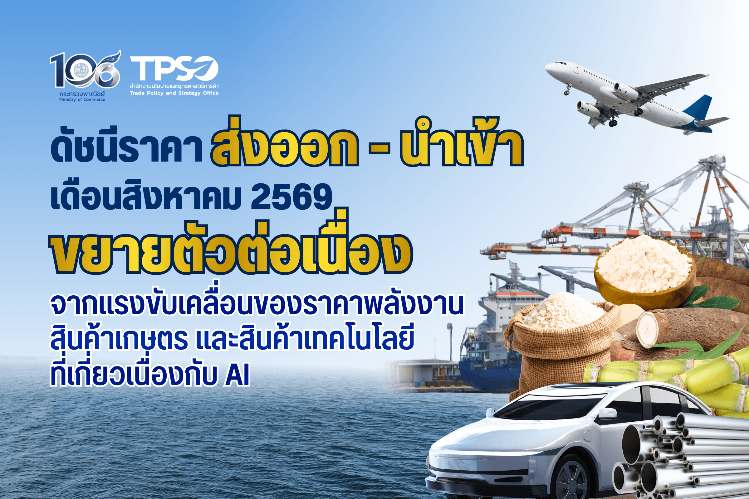 ดัชนีราคาส่งออก-นำเข้าของไทย เดือนสิงหาคม 2569 ขยายตัวต่อเนื่องจากแรงขับเคลื่อนของราคาพลังงาน สินค้าเกษตร และสินค้าเทคโนโลยีที่เกี่ยวเนื่องกับ AI