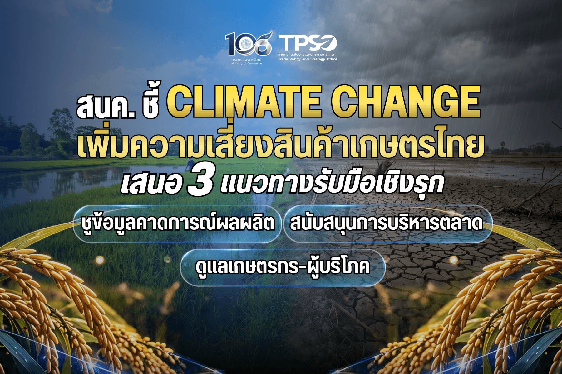 สนค. ชี้ Climate Change เพิ่มความเสี่ยงสินค้าเกษตรไทย เสนอ 3 แนวทางรับมือเชิงรุก ชูข้อมูลคาดการณ์ผลผลิต สนับสนุนการบริหารตลาด ดูแลเกษตรกร–ผู้บริโภค