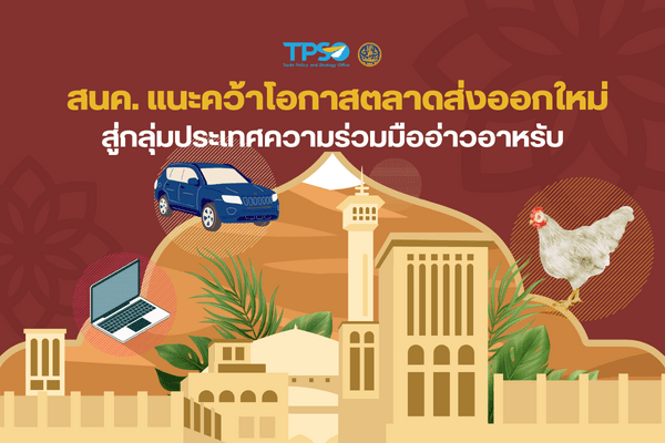 <p> นายพูนพงษ์ นัยนาภากรณ์ ผู้อำนวยการสำนักงานนโยบายและยุทธศาสตร์การค้า (สนค.) กระทรวงพาณิชย์ เปิดเผยว่า สนค. ได้วิเคราะห์ตลาดกลุ่มประเทศความร่วมมืออ่าวอาหรับ 6 ประเทศ ได้แก่ ซาอุดีอาระเบีย คูเวต โอมาน สหรัฐอาหรับเอมิเรตส์ กาตาร์ และบาห์เรน เพื่อหาโอกาสสำหรับการเปิดตลาดใหม่เพิ่มเติมตามนโยบายของกระทรวงพาณิชย์ โดยเน้นตลาดใหม่ ที่มีกำลังซื้อสูง แต่ยังมีมูลค่าการค้ากับไทยไม่มากนัก จึงเป็นโอกาสสำหรับผู้ส่งออกไทยที่จะหาโอกาสขยายการค้าในตลาดใหม่</p>
<p><a href="https://uploads.tpso.go.th/ข่าว โอกาสส่งออกอ่าวอาหรับ PDF.pdf" target="_blank">ข่าว โอกาสส่งออกอ่าวอาหรับ PDF.pdf</a></p>