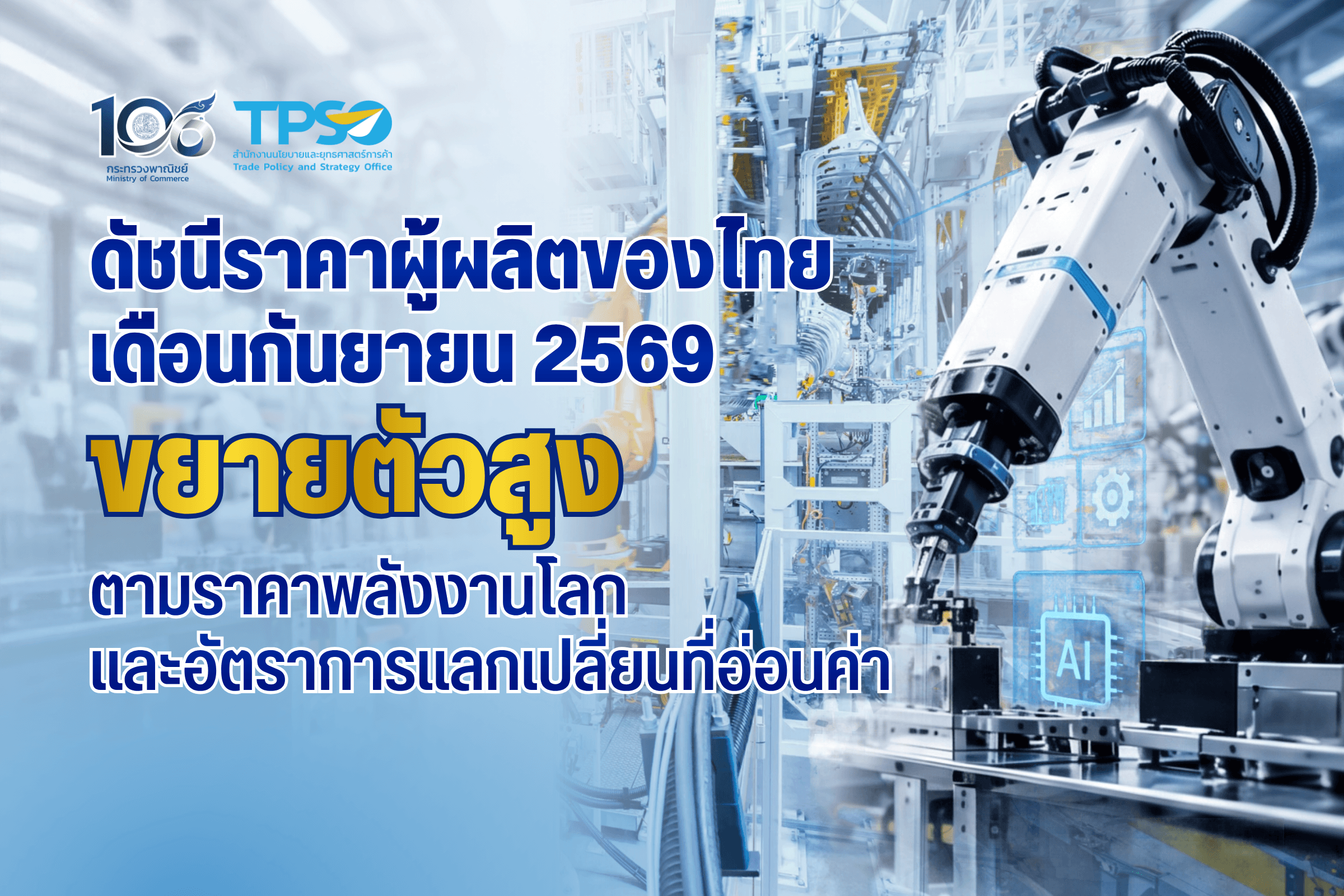 <p><strong>ดาวน์โหลดข้อมูลฉบับเต็ม: </strong><a href="https://uploads.tpso.go.th/editor/pdf/1791773700_c56379171196f4385c15.pdf" target="_blank">1791773700_c56379171196f4385c15.pdf</a></p>
<p> สำนักงานนโยบายและยุทธศาสตร์การค้า (สนค.) เผยว่า <strong>ดัชนีราคาผู้ผลิตของไทย เดือนกันยายน 2569 ขยายตัวอย่างต่อเนื่องเมื่อเทียบกับช่วงเดียวกันปีก่อน จากหมวดผลิตภัณฑ์เกษตรกรรมและการประมง หมวดผลิตภัณฑ์จากเหมือง </strong>และ<strong>หมวดผลิตภัณฑ์อุตสาหกรรม</strong> โดยปัจจัยสำคัญ ได้แก่ ราคาพลังงานในตลาดโลกที่อยู่ในระดับสูงจากความเสี่ยงด้านอุปทานที่ตึงตัว และค่าเงินบาทที่อ่อนตัวเมื่อเทียบกับปีก่อน โดยมีรายละเอียด ดังนี้ </p>
<p> <strong>ดัชนีราคาผู้ผลิต เดือนกันยายน 2569 เท่ากับ 116.8 เมื่อเทียบกับเดือนกันยายน 2568 สูงขึ้นร้อยละ 10.5 (YoY) เป็นผลจากการเพิ่มขึ้นของราคาสินค้า หมวดผลิตภัณฑ์เกษตรกรรมและการประมง สูงขึ้นร้อยละ 11.2</strong> จากการสูงขึ้นของราคาสินค้าสำคัญ ได้แก่ ข้าวเปลือก จากฐานราคาในปีก่อนที่ต่ำ หัวมันสำปะหลังสด จากปริมาณผลผลิตในตลาดที่มีน้อยตามการนำเข้าผ่านชายแดนที่ลดลง ยางพารา จากความต้องการของตลาดโลกที่เพิ่มขึ้นตามการขยายตัวของภาคอุตสาหกรรมเกี่ยวเนื่อง และผลปาล์มสด จากราคาน้ำมันปาล์มดิบในตลาดโลกที่สูงขึ้นตามสถานการณ์ราคาพลังงานโลก สำหรับสินค้าที่ราคาปรับลดลง ได้แก่ สุกรมีชีวิต และไก่เนื้อมีชีวิต จากความต้องการบริโภคที่ลดลงตามภาวะเศรษฐกิจในภาพรวม <strong>หมวดผลิตภัณฑ์จากเหมือง สูงขึ้นร้อยละ 20.3</strong> จากการสูงขึ้นของราคาสินค้าสำคัญ ได้แก่ น้ำมันปิโตรเลียมดิบ และก๊าซธรรมชาติ ตามทิศทางราคาพลังงานในตลาดโลก ความเสี่ยงด้านอุปทานตึงตัว และความขัดแย้งในตะวันออกกลาง และผลิตภัณฑ์อื่น ๆ ที่ได้จากการทำเหมือง ซึ่งมีต้นทุนการผลิตที่เพิ่มขึ้น <strong>หมวดผลิตภัณฑ์อุตสาหกรรม สูงขึ้นร้อยละ 10.2</strong> จากการสูงขึ้นของราคาสินค้าสำคัญ ประกอบด้วย กลุ่มผลิตภัณฑ์อาหาร จากปริมาณวัตถุดิบออกสู่ตลาดลดลง ขณะที่ความต้องการบริโภคเพิ่มขึ้น กลุ่มผลิตภัณฑ์ที่ได้จากการกลั่นปิโตรเลียม ตามทิศทางราคาน้ำมันดิบ และราคาผลิตภัณฑ์ปิโตรเลียมในตลาดโลก กลุ่มผลิตภัณฑ์ยางและพลาสติก ตามราคาวัตถุดิบในตลาดโลกและตลาดในประเทศที่อยู่ในระดับสูง จากภาวะอุปทานตึงตัว ประกอบกับความต้องการของภาคอุตสาหกรรมยังมีอย่างต่อเนื่อง ผลิตภัณฑ์คอมพิวเตอร์และอิเล็กทรอนิกส์ ราคาปรับสูงขึ้นตามการขยายตัวของอุตสาหกรรมอิเล็กทรอนิกส์ และผลิตภัณฑ์อุตสาหกรรมอื่น ๆ (ทองคำ) ราคาปรับสูงขึ้นตามราคาทองคำในตลาดโลก จากความต้องการสินทรัพย์ปลอดภัย </p>
<p> <strong>แนวโน้มดัชนีราคาผู้ผลิต ไตรมาสที่ 4 ปี 2569 มีแนวโน้มขยายตัว</strong> แต่ยังมีความผันผวน ตามราคาพลังงานในตลาดโลกที่ยังมีแนวโน้มอยู่ในระดับสูง ส่งผลให้ต้นทุนการผลิตโดยรวมมีแนวโน้มอยู่ในระดับสูง ประกอบกับสถานการณ์อุทกภัยในช่วงต้นไตรมาสอาจกระทบต่อภาคการผลิตและปริมาณสินค้าออกสู่ตลาดในบางพื้นที่ ส่งผลให้ความต้องการสินค้าจำเป็นและสินค้าที่เกี่ยวข้องกับการฟื้นฟูเพิ่มขึ้นในระยะสั้น ซึ่งอาจเป็นปัจจัยสนับสนุนให้ราคาผู้ผลิตในบางกลุ่มปรับสูงขึ้น อย่างไรก็ตาม ผลกระทบจากอุทกภัยที่มีต่อรายได้และกำลังซื้ออาจส่งผลให้ดัชนีราคาผู้ผลิตมีแนวโน้มชะลอตัว รวมทั้งราคาพลังงานและต้นทุนการผลิตยังเป็นปัจจัยสำคัญที่ต้องติดตามต่อเนื่องตลอดไตรมาส </p>
<p> ทั้งนี้ สนค.ให้ข้อมูลเพิ่มเติมว่าการปรับตัวสูงขึ้นของดัชนีราคาผู้ผลิตในเดือนกันยายน 2569 มีปัจจัยสำคัญมาจากระดับราคาผู้ผลิตในช่วงเดียวกันของปีก่อนที่อยู่ในระดับต่ำ ประกอบกับราคาพลังงานในตลาดโลกที่กลับมาขยายตัวสูงอีกครั้งจากความขัดแย้งในตะวันออกกลางที่ยังคงยืดเยื้อ ส่งผลให้ต้นทุนด้านพลังงานและการขนส่งของผู้ผลิตปรับตัวสูงขึ้น นอกจากนี้ ค่าเงินบาทที่อ่อนค่าลง สนับสนุนให้ต้นทุนการนำเข้าวัตถุดิบและปัจจัยการผลิตปรับตัวสูงขึ้น ส่งผลให้ต้นทุนการผลิตและราคาผู้ผลิตในภาพรวมปรับตัวสูงขึ้น อย่างไรก็ตาม ทิศทางราคาพลังงานในตลาดโลกยังเป็นปัจจัยสำคัญที่ต้องติดตาม เนื่องจากมีผลโดยตรงต่อต้นทุนการผลิตและการขนส่งในระยะต่อไป</p>